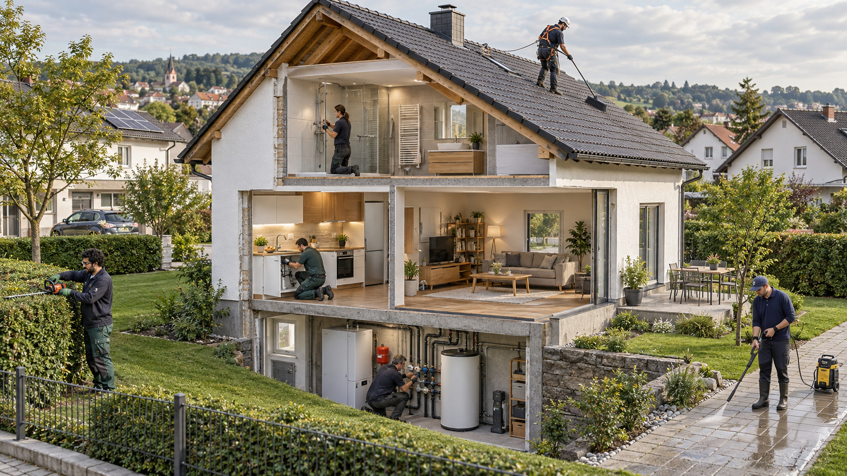 Aufgeschnittenes Wohnhaus in einer Wohnsiedlung mit Fachkräften bei Arbeiten im Bad, in der Küche, im Keller, auf dem Dach und im Außenbereich