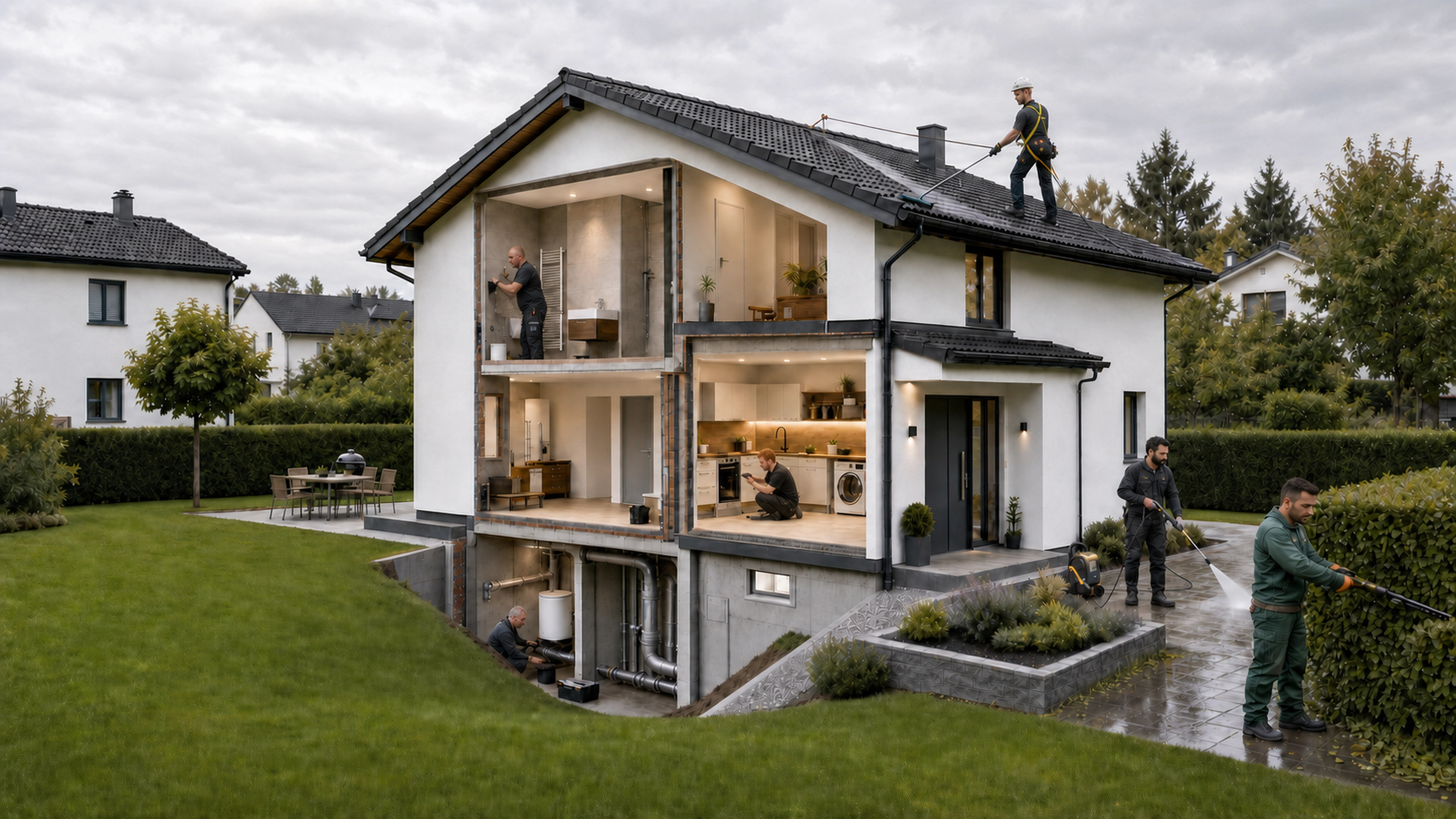 Aufgeschnittenes Wohnhaus mit Fachkräften bei Arbeiten im Bad, in der Küche, im Keller, auf dem Dach und im Außenbereich