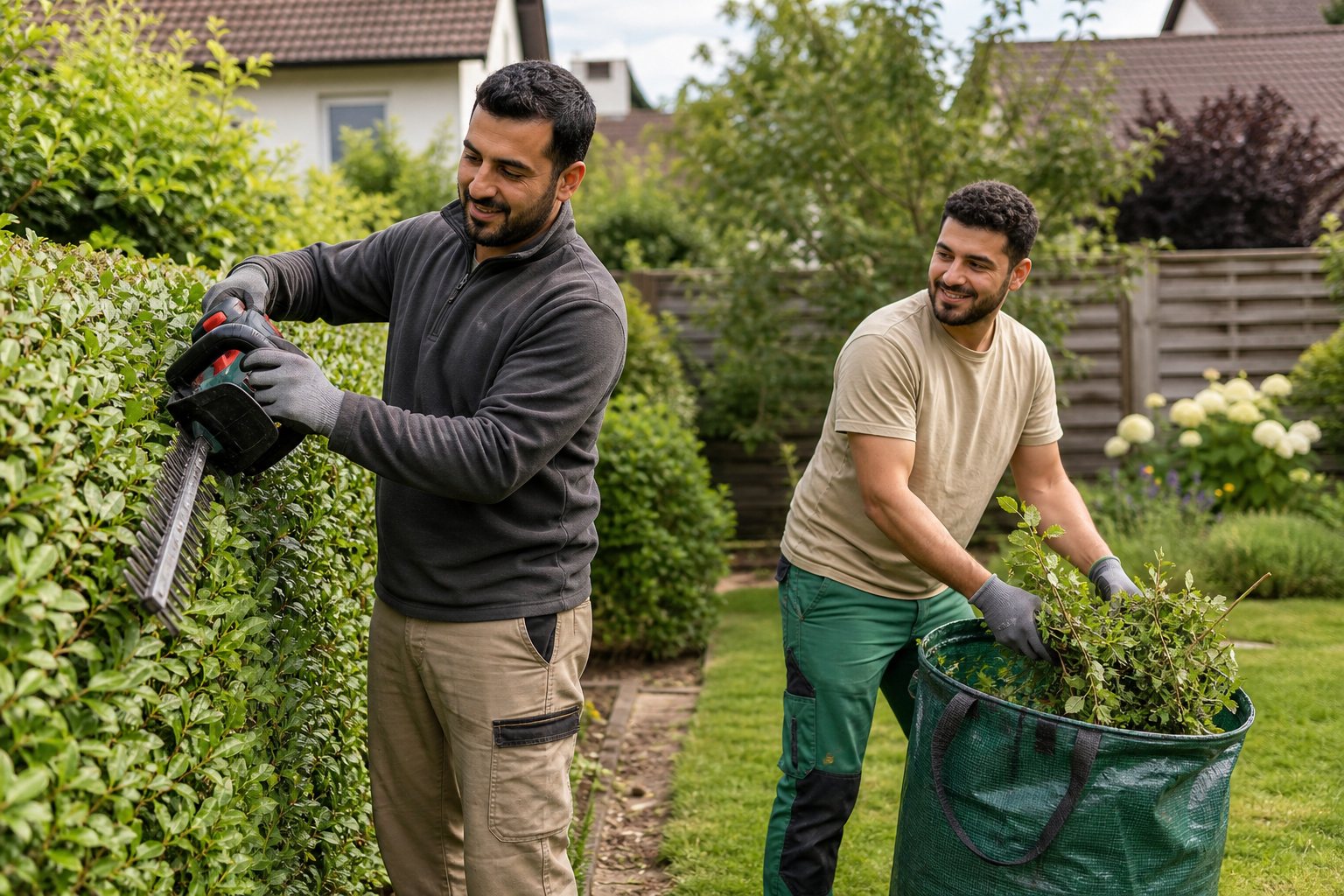 Zwei Mitarbeiter schneiden eine Hecke und sammeln Grünschnitt im Garten