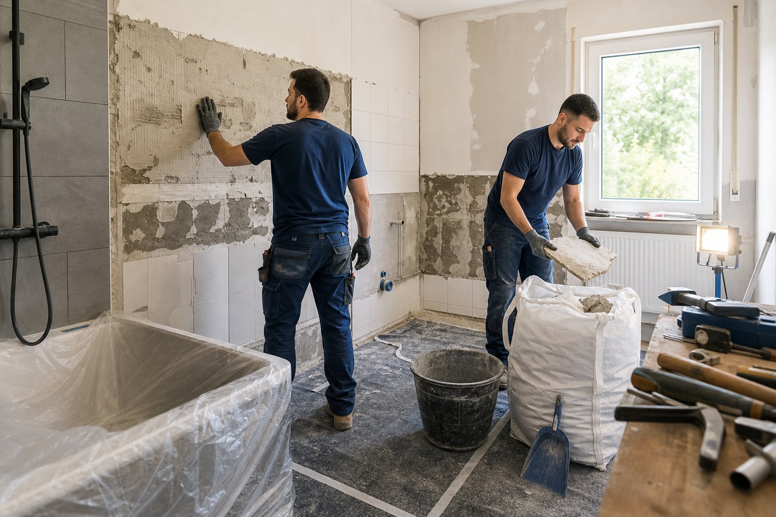 Zwei Handwerker führen Rückbauarbeiten in einem Bad während einer Sanierung aus