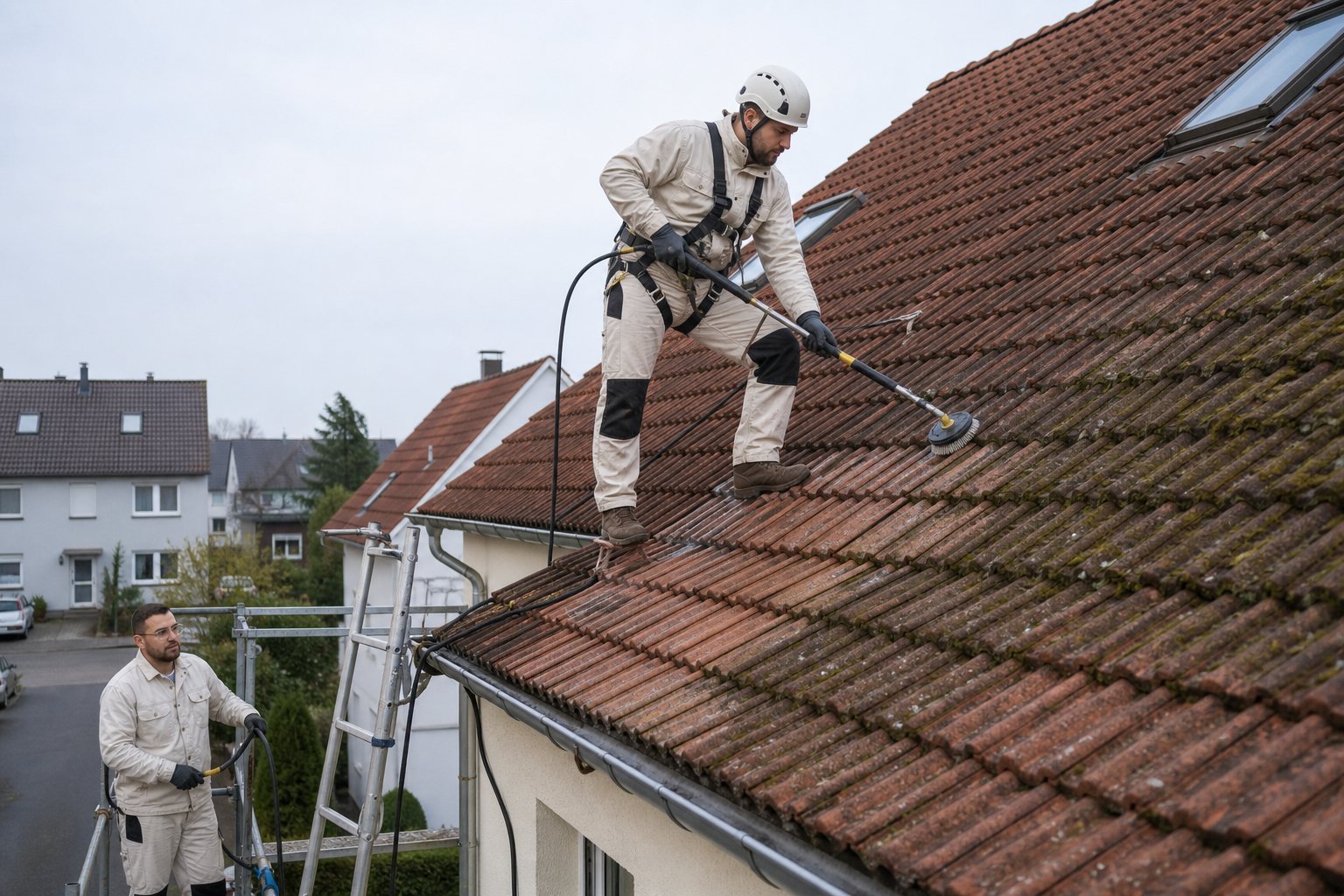 Gesicherter Mitarbeiter reinigt Dachziegel auf einem Wohnhausdach